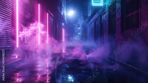 Dark empty street with fog and neon lights, cyberpunk style, dark background, night view, blue purple light, smoke, street view. ,8k, high detail. © Ammar
