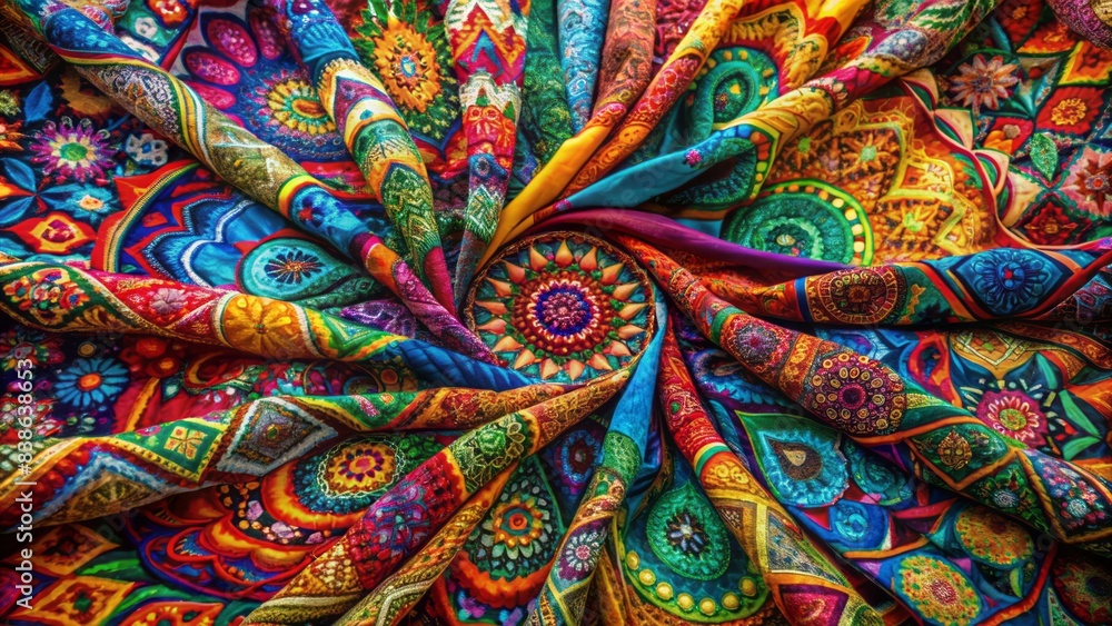 Vibrant textile wraps around a blank space, set against a kaleidoscope of colors, evoking emotions of mystery, intrigue, and creative expression. Vibrant textile wraps around a blank space, set against a kaleidoscope of colors, evoking emotions of mystery, intrigue, and creative expression.