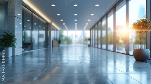 A corporate hallway featuring gleaming floor tiles  ceiling lights  and pot plants near glass windows