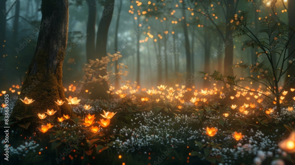 Fototapeta premium A magical forest illuminated by the soft light of fire flowers, creating a dreamlike and enchanting ambiance