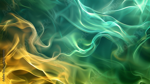 Elegant wavy smoky abstract design in vibrant hues of green and yellow, creating a lively, energetic background.