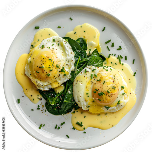 Eggs benedict or eggs florentine on a white plate isolated on transparent background. generative ai