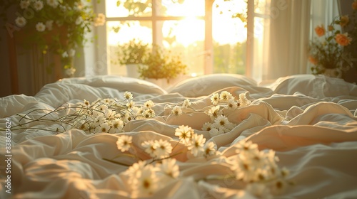 Morning Bliss and Bedlam: Sunlit Bedroom Chaos with Mattress and Pillows photo