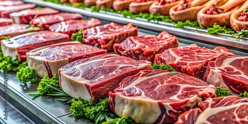 Fresh prime meat steaks including angus, T-bone, ribeye, striploin, and tomahawk on display at a grocery store meat counter, raw, red meat, supermarket, variety, cuts, angus, T-bone photo