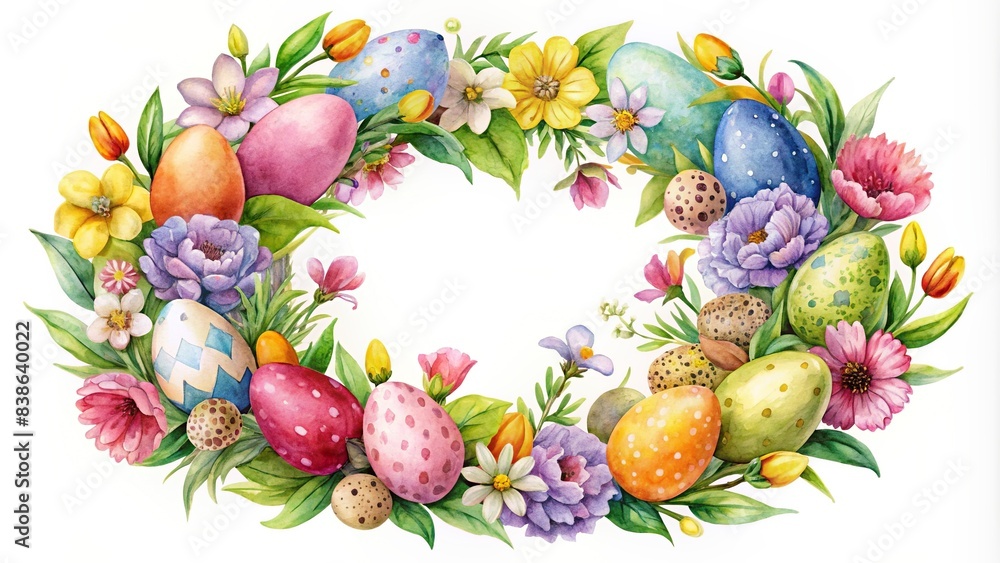 Watercolor wreath of spring flowers and colored eggs for Easter card ...