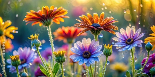 Captivating portrait of dewy wildflowers in various colors , wildflowers, colorful, lush, vibrant, blooming, nature, fresh, spring, beauty, plants, petals, meadow, organic, growth, flora