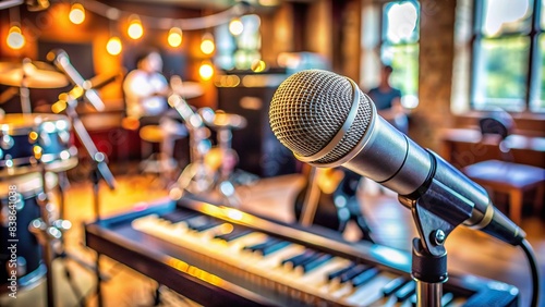 Selective focus microphone with blurred bokeh musical equipment background including guitar, bass, drum, and piano, microphone, music, selective focus, blurred, bokeh, musical equipment, guitar