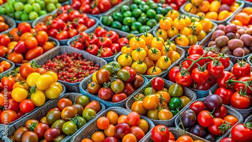 Assortment of various colorful cherry tomatoes on display   cherry tomatoes  assortment  variety  vibrant  colorful  garden  fresh  organic  healthy  summer  harvest  agriculture  market  red