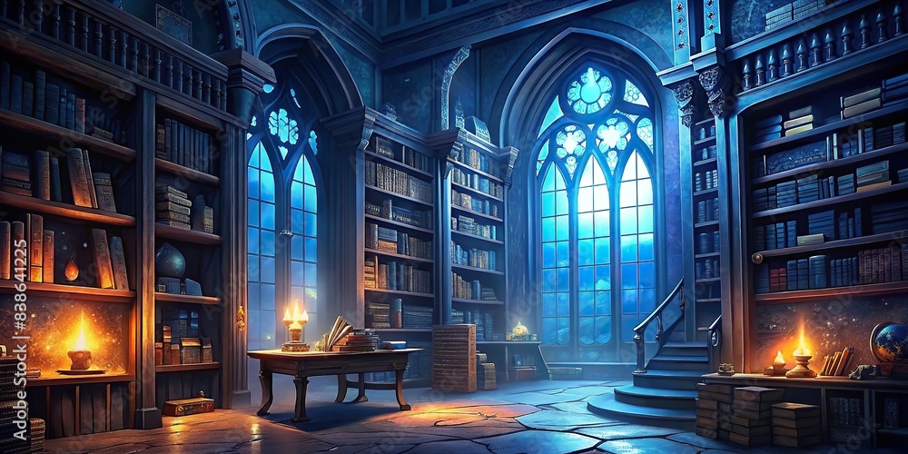 A mystical library with shelves of ancient manuscripts and leather-bound books, inspiring literary creativity and imagination, library, ancient, manuscripts, leather-bound, volumes, wisdom