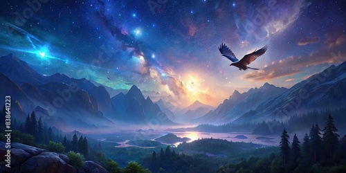 A serene landscape with a majestic eagle soaring high in the endless sky , Hope, dreams, currents, riding, eagle, soar, sky, endless, freedom, aspirations, nature, peaceful, tranquility