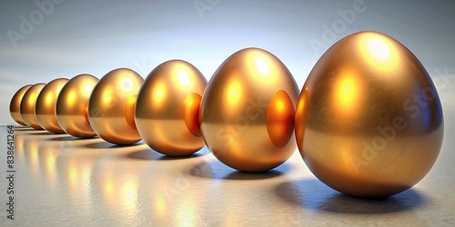 Row of gold colored eggs on white background, gold, eggs, row, white background, shiny, metallic, luxury, bright, elegant, beautiful, display, arrangement, valuable, precious, decoration