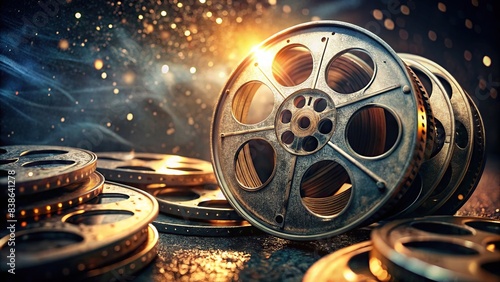 Close-up view of dusty and scratched film reels on a dark background with light reflections and specks , vintage, retro, movie, cinema, old, aged, grunge, texture, nostalgia, analog