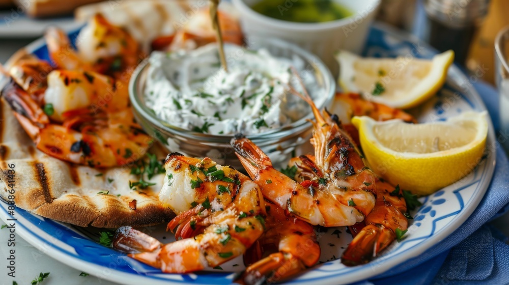 A plate of Greek-style grilled shrimp served with tzatziki sauce, lemon wedges, and pita bread, on a blue and white tablecloth at a seaside taverna. A plate of Greek-style grilled shrimp served with tzatziki sauce, lemon wedges, and pita bread, on a blue and white tablecloth at a seaside taverna.