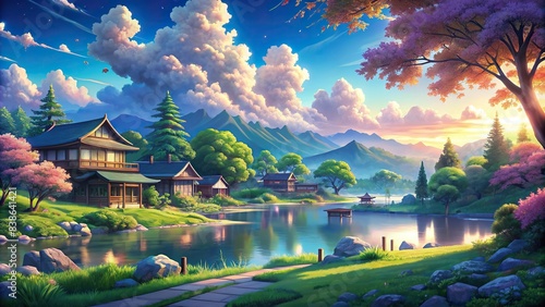 Beautiful anime background cel of a serene and cinematic landscape scenery , anime, background, cel, beautiful, landscape, scenic, cinematic, scenery, stock photo, tranquil, peaceful