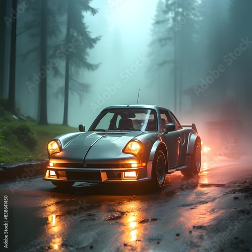 Car driving on a wet road in a foggy forest. 3D rendering