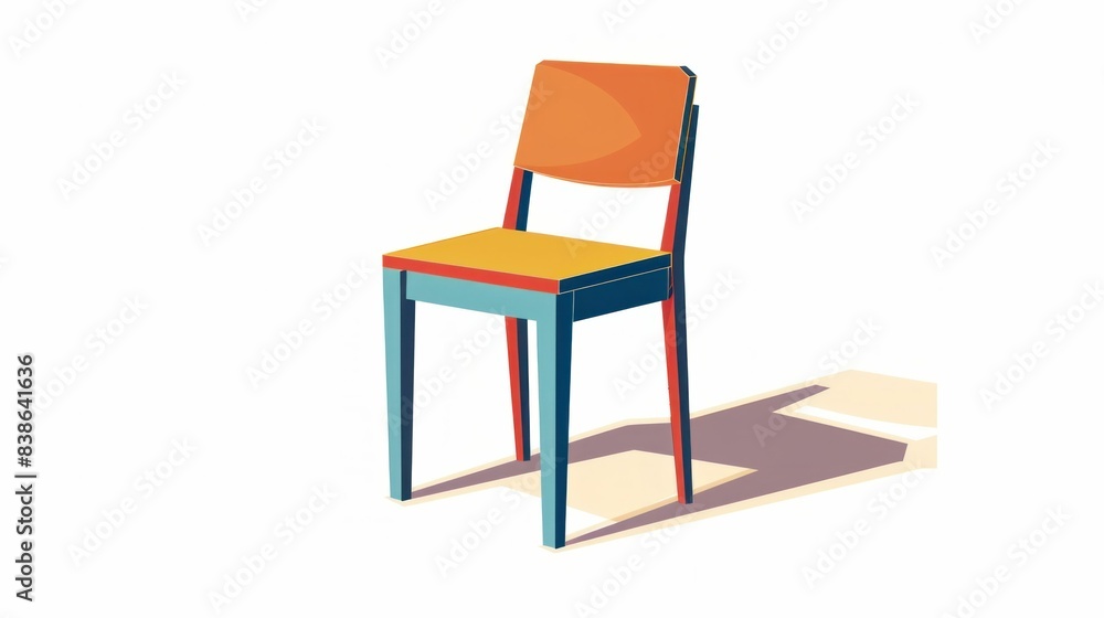 Stylish chair with vibrant orange and blue seat in minimalist interior design setting with shadow Stylish chair with vibrant orange and blue seat in minimalist interior design setting with shadow