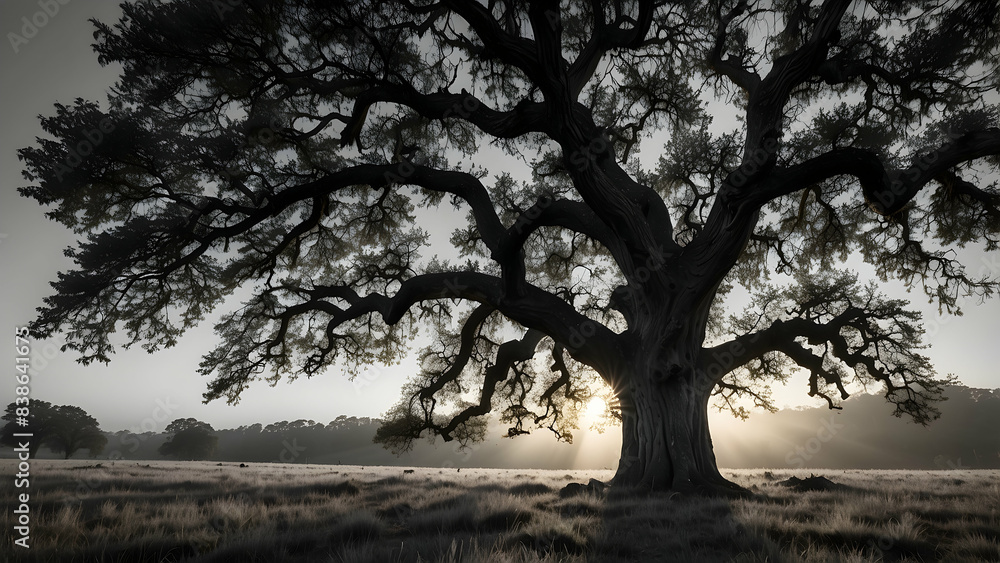 A stunning silhouette of a grand tree with spreading branches against a sunrise backdrop, highlighted by sunrays A stunning silhouette of a grand tree with spreading branches against a sunrise backdrop, highlighted by sunrays