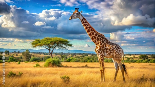 Majestic giraffe standing tall in the African savannah wilderness , Giraffe, majestic, tall, African, savannah, wilderness, wildlife, nature, safari, grassland, long neck, beautiful, standing