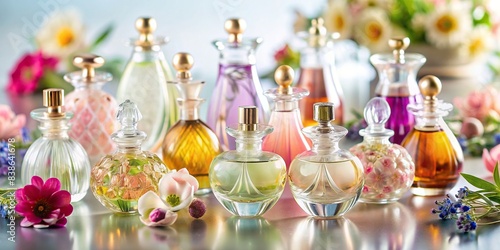 Collection of glass floral perfume bottles on light background  perfume  bottles  glass  floral  colorful stylish  parfumerie  banner  composition  still life  luxury  elegant