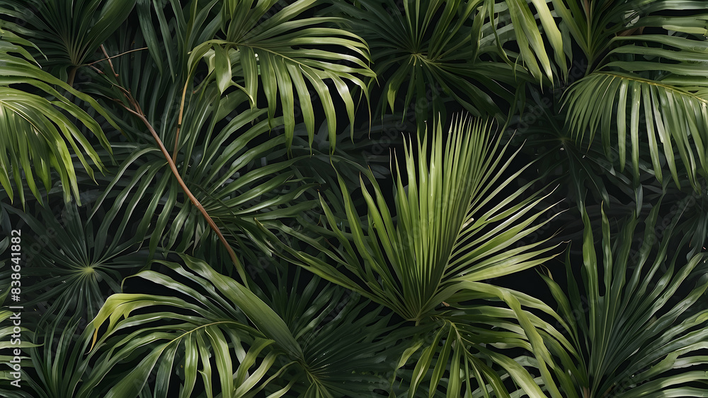 A close-up image emphasizing the rich texture and patterns of vibrant green palm leaves in a natural setting A close-up image emphasizing the rich texture and patterns of vibrant green palm leaves in a natural setting