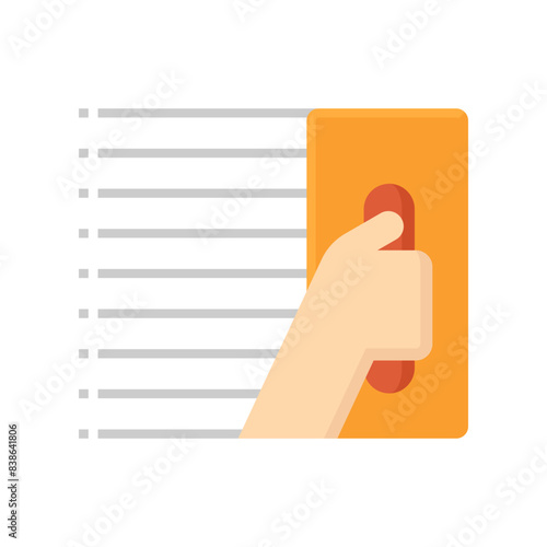 Construction and tool vector icon consist of wood screed, worker hand and plaster material. To apply, fix, repair, coating or patching for damage surface of wall, floor or ceiling.