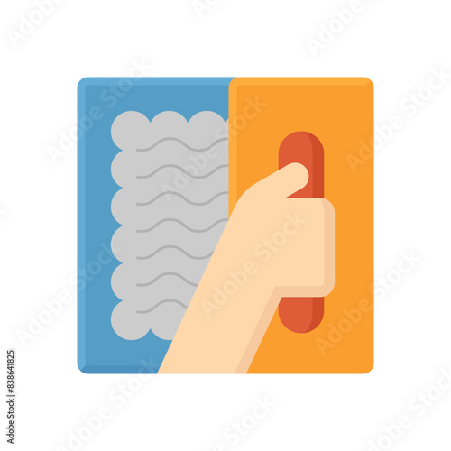 Tile floor construction and tool vector icon. Worker to apply adhesive glue or thinset mortar by wood screed trowel under surface of ceramic tile before lay, installation on floor for toilet, bathroom