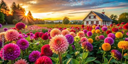 Vibrant rural farm scene with colorful dahlias and amaranth flowers at sunset, flowers, dahlias, amaranth, colorful, rural, farm, sunset, nature, vibrant, fresh, outdoors, agriculture photo