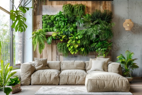 Cozy living room with vertical garden on the wall.