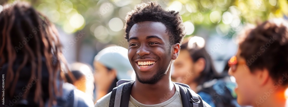 A smiling black male student while talking to other students on campus, surrounded by friends with backpacks. the essence of college life in an American setting. generative AI A smiling black male student while talking to other students on campus, surrounded by friends with backpacks. the essence of college life in an American setting. generative AI