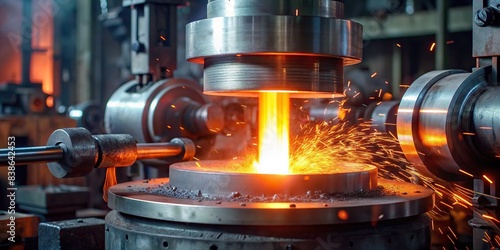 Manufacturing process of metal parts from cylindrical billets in a forging shop, captured in super slow motion video , metal forging, hydraulic hammer, production, high-tech parts photo