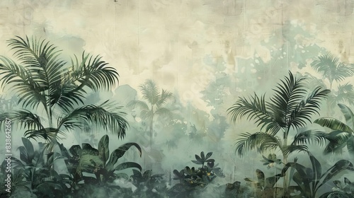 Tropical vintage botanical landscape illustration, palm tree, vegetable flower border background. Mural wallpaper. AI generated illustration © Or