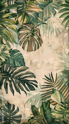 Tropical vintage botanical landscape illustration  palm tree  vegetable flower border background. Mural wallpaper. AI generated illustration