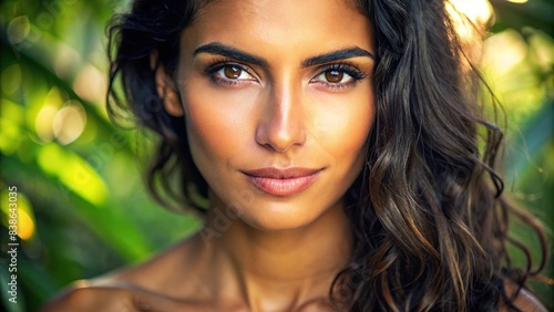 Close-up of a South American woman with smooth, healthy skin , beauty, skincare, cosmetics, beauty routine, wellness, rejuvenation, facial care, natural beauty, glowing skin