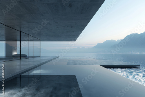 Modern buildings by the lake. Empty architectural background.
