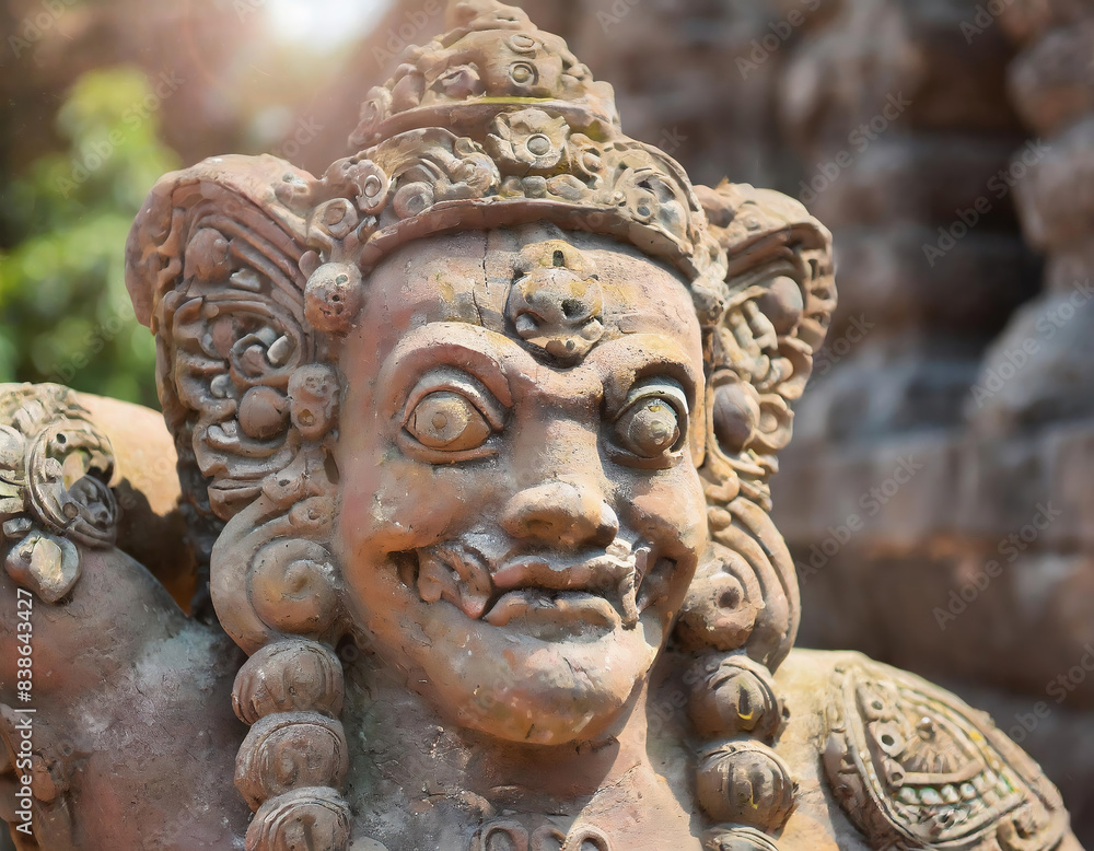 An ancient budism statue representing the concepts of illness, disability and misfortune standing in front of the temple An ancient budism statue representing the concepts of illness, disability and misfortune standing in front of the temple