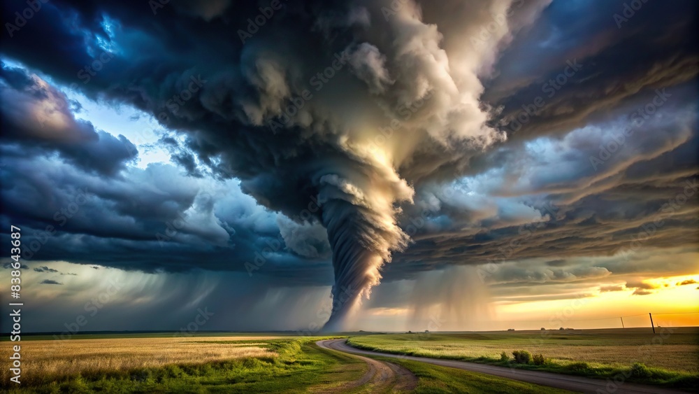 Eerie tornado funnel twisting in a dark sky with vivid sharp lines ...