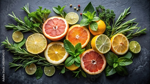 Fresh herbs and citrus fruits arranged beautifully on a dark surface, fresh, herbs, citrus, fruits, ingredients, food, flavorful, aromatic, vibrant, colorful, dark background, culinary