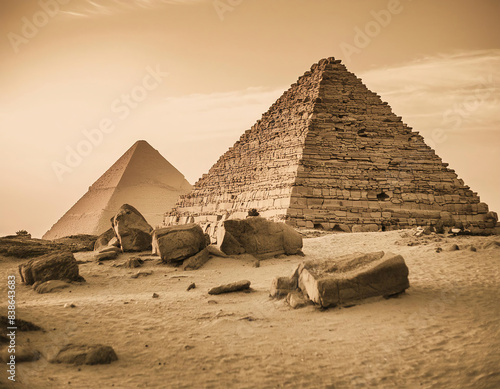 pyramids in Egypt in Black and White Sepia Tone 