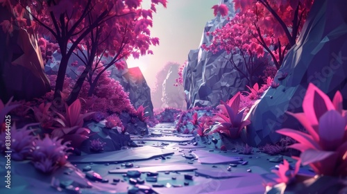illustration of a landscape on a remote planet with pink trees