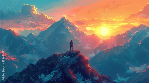 A delighted traveler stands on a mountain ridge, captivated by the golden glow of the setting sun painting the sky, with towering peaks as far as the eye can see, embodying a sense of serenity and photo