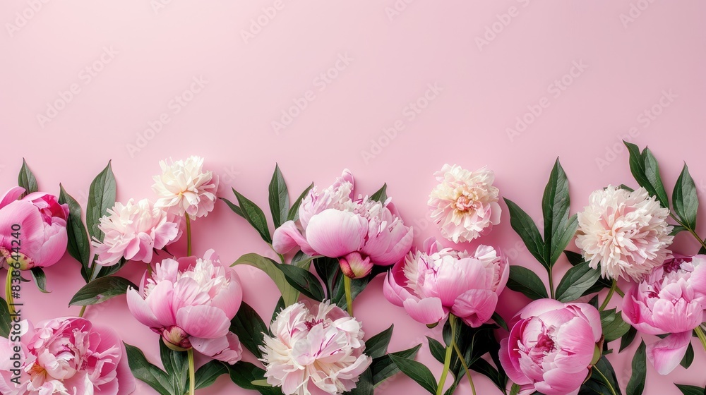 Naklejka premium A delightful flat lay composition featuring a border of lush flowers arranged on a vibrant surface.