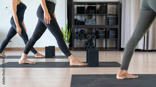 Group of Wellness Asian woman practicing yoga exercise with yoga block with yoga teacher in yoga class. People relax and enjoy healthy lifestyle sport training fitness workout and meditation at gym.