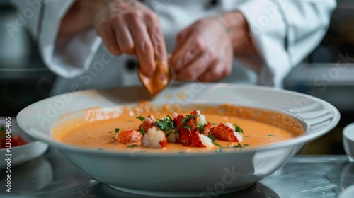 A seafood chef preparing classic lobster bisque soup, blending creamy broth with chunks of tender lobster meat and aromatic herbs. photo