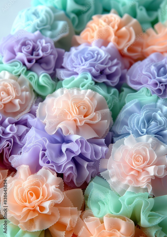Fototapeta premium Delicate Pastel Fabric Flowers in Various Shades of Purple, Peach, and Mint Green Perfect for Decoration and Craft Projects