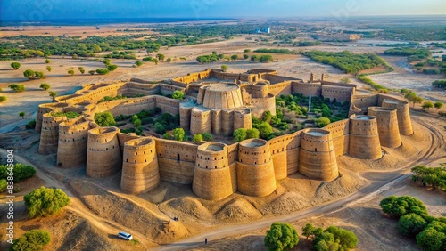 Aerial drone shot of the historic Derawar Fort in the Cholistan Desert, showcasing its impressive architecture and surrounding desert landscape, Pakistan, Punjabi, ancient, historic photo