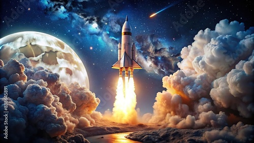 New rocket with smoke and blast successfully takes off into the starry sky with a full moon. Spaceship launch, concept. Space mission to the moon, rocket, smoke, blast, sky, moon, space photo