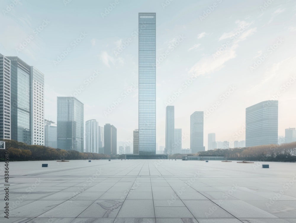 A tall, minimalist glass skyscraper with a sleek design, standing on an expansive, empty plaza with smooth stone tiles and a few scattered benches A tall, minimalist glass skyscraper with a sleek design, standing on an expansive, empty plaza with smooth stone tiles and a few scattered benches