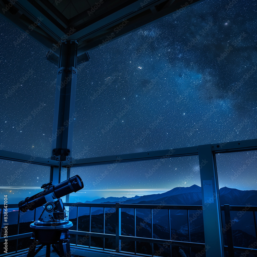 Naklejka premium Stargazing at the Universe: A Telescope Poised on an Observatory Deck