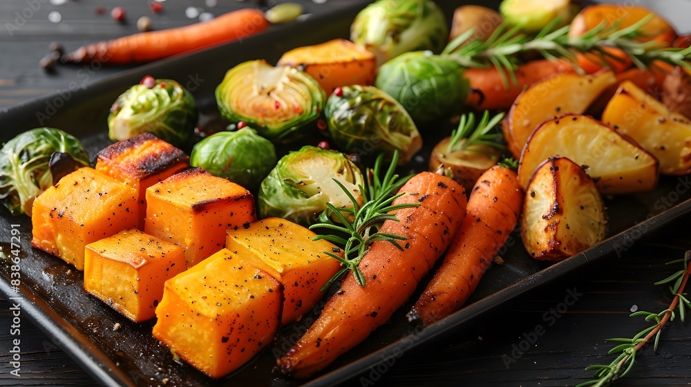 A tray of roasted vegetables including carrots, Brussels sprouts and sweet potatoes caramelised to perfection. Healthy eating concept A tray of roasted vegetables including carrots, Brussels sprouts and sweet potatoes caramelised to perfection. Healthy eating concept