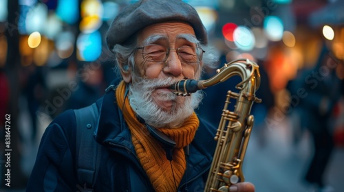 an elderly man playing the saxophone
